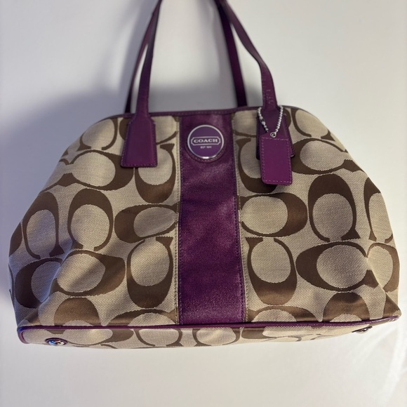 Coach Brown Canvas Tote Shoulder Bag w/ Purple Strip & Handles - Picture 1 of 11